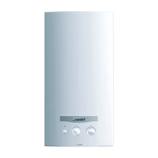 Vaillant atmoMag fehér átfolyós kéményes gázbojler előlnézetből, alsó kezelőgombokkal