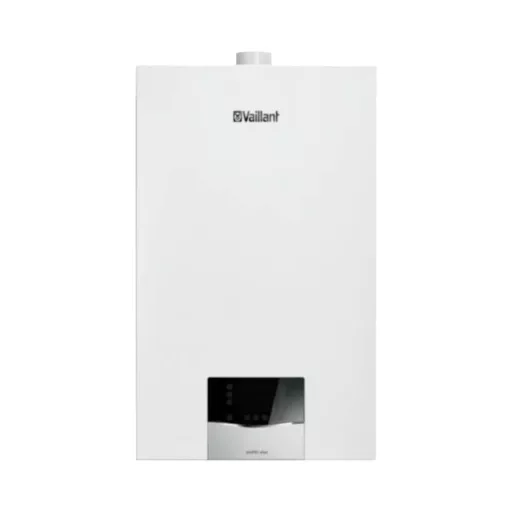 Vaillant ecoTEC Plus fali kondenzációs gázkazán fehér burkolattal, elülső nézet, digitális kijelzővel