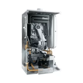 Vaillant ecoTEC Plus fali kondenzációs gázkazán fehér burkolattal, elülső nézet, digitális kijelzővel