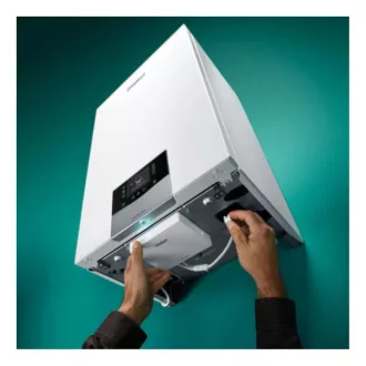 Vaillant ecoTEC Plus fali kondenzációs gázkazán fehér színben, fekete kezelőfelülettel, elölnézet