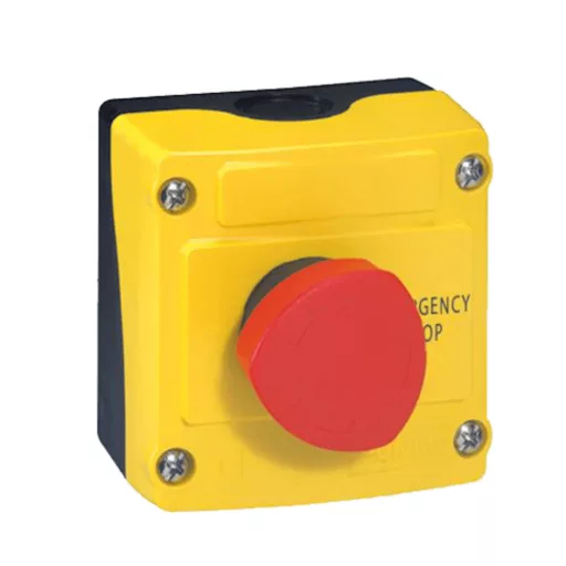 Legrand Osmoz sárga vészleállító tokozat piros gombafejű nyomógombbal, Emergency Stop felirattal