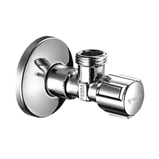 SCHELL Comfort króm sarokszelep 1/2" oldalnézetből, takarórózsával és szabályzógombbal