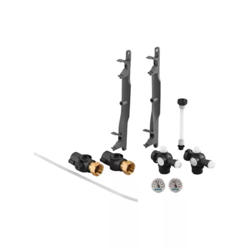 Uponor Vario PLUS osztó-gyűjtő alapkészlet K1 tartozékai: tartók, szelepek, nyomásmérők, cső