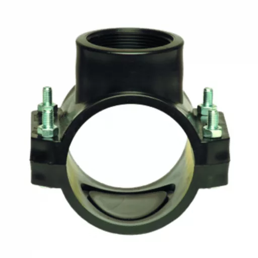 Fekete KPE nyeregidom, 32mm x 1/2", felső menetes kimenettel és fém rögzítőcsavarokkal