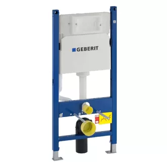 Geberit Duofix Basic beépíthető WC tartály kék szerelőkeretben, sárga bekötőidomokkal