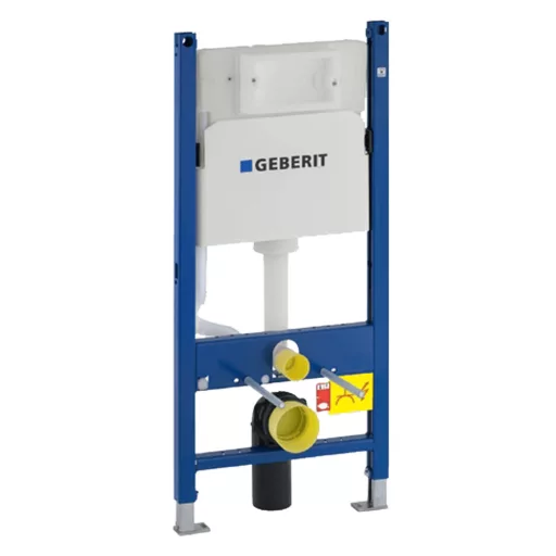Geberit Duofix Basic beépíthető WC tartály kék szerelőkeretben, sárga bekötőidomokkal