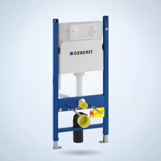 Geberit Duofix Basic beépíthető WC tartály kék szerelőkeretben, sárga bekötőidomokkal