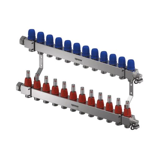 UPONOR Vario 12 körös C12 inox szelepes osztó-gyűjtő áramlásmérővel, 1" x 3/4"