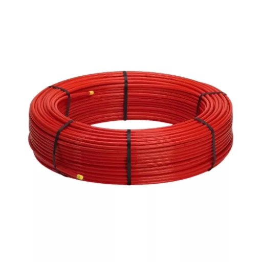 Piros REHAU Rautherm S padlófűtés cső 17x2 mm, 240 méteres tekercsben, fekete pántokkal