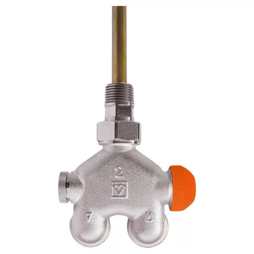HERZ VUA-40 sarok radiátorszelep krómozott testtel, narancs védősapkával, 1/2"-3/4" bekötés