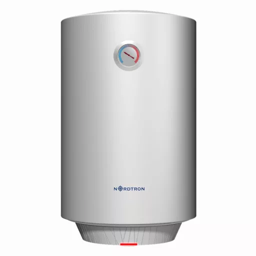 Nordtron NT 80 ERP 80 literes álló villanybojler fehér házzal, hőmérséklet-kijelzővel, elölnézet