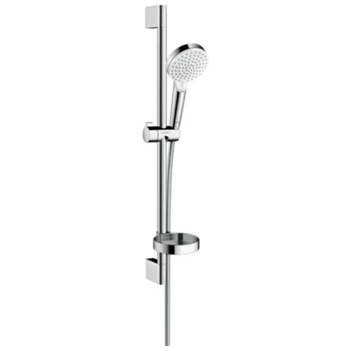 Hansgrohe Crometta zuhanyszett króm zuhanyrúddal, fehér kézizuhannyal és szappantartóval