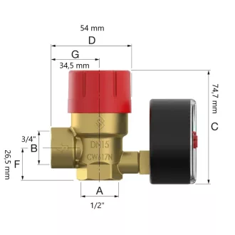  FLAMCO Prescomano 50 biztonsági szelep manométerrel, 2.5 bar, 1/2" x 3/4" 