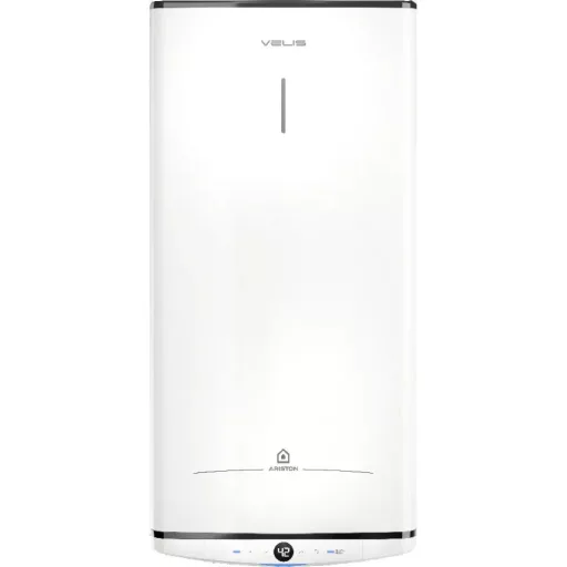 Ariston Velis Pro 50 lapos fehér villanybojler elölnézetből, digitális kijelzővel 42 °C