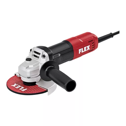 FLEX L850 sarokcsiszoló piros-fekete házzal, 125 mm vágókoronggal és oldalfogantyúval