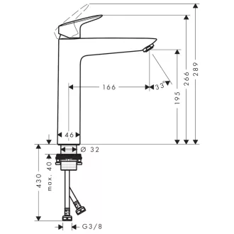 HANSGROHE Logis 190 magasított mosdócsaptelep krómozott felülettel, egykaros, oldalnézet