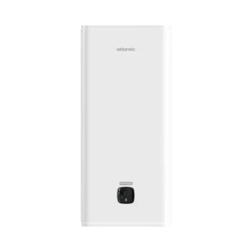 Atlantic Vertigo Steatite Essential 50 lapos fehér bojler elölnézetben, fekete kezelőgombbal