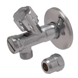 Krómozott ALBERTONI szűrős sarokszelep 1/2"x3/8" forgatógombbal, takarórózsával és szorítóanyával