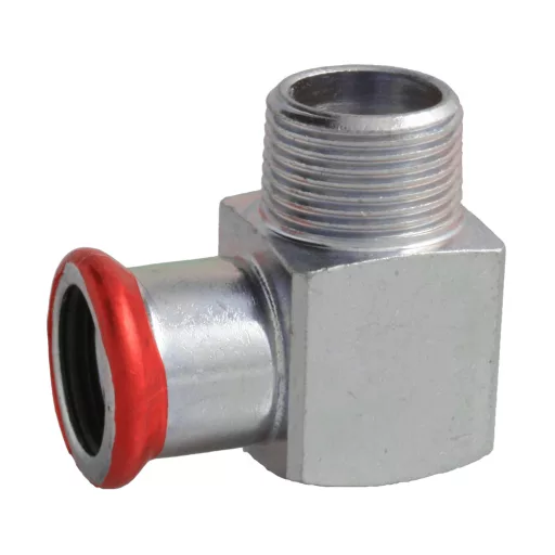 FixTrend Steel Press szénacél könyök 90°, 15mm préstok piros O-gyűrűvel és 1/2" külső menettel