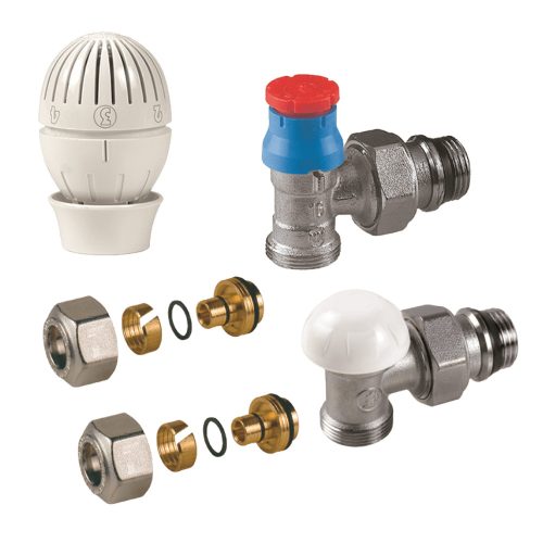 GIACOMINI R470A sarok termosztatikus radiátorszelep szett, 1/2", 2db 16x2mm műanyagcső csatlakozóval