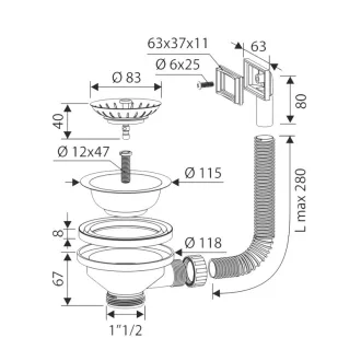   FixTrend mosogató leeresztőszelep szögletes túlfolyóval 6/4", D114 mm