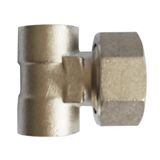 Sárgaréz DELTA T osztó végelem hollandi anyás csatlakozóval, 1"Bx1/2"Bx1/2"B, oldalnézet