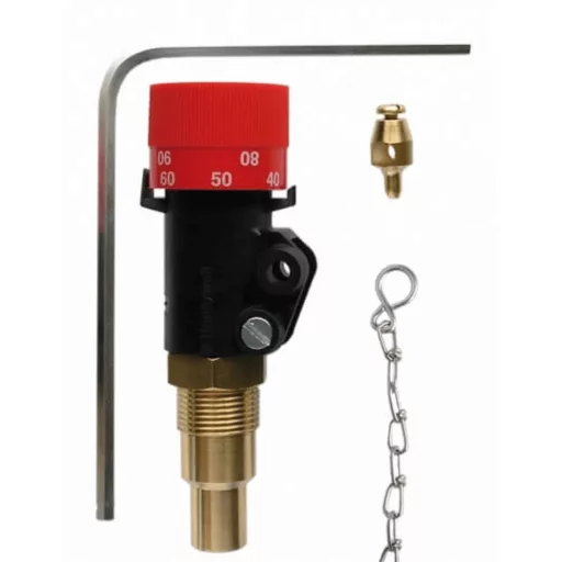 Honeywell FR124 3/4" huzatszabályzó piros hőmérséklet-skálával, réz csatlakozóval, lánccal és állítókulccsal