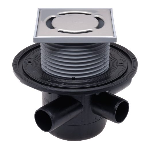 HL 304 padlóösszefolyó vízszintes kifolyóval, 3 x DN40 bemenettel, 123 x 123 mm