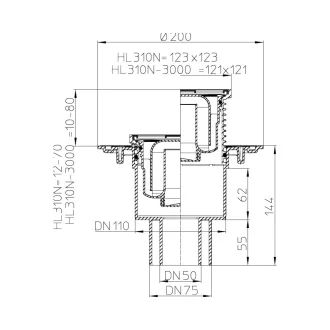   HL 310N padlóösszefolyó függőleges kifolyóval, DN 50/75/110, 123 x 123 mm