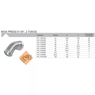 FixTrend Inox press 2 tokos ív 45°, 22 mm