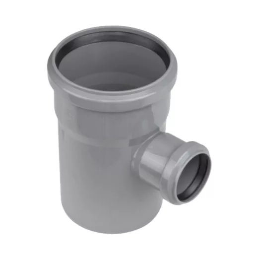 Szürke PVC lefolyó T-idom 90°-os leágazással, gumigyűrűs tokos csatlakozással, 110/50 mm