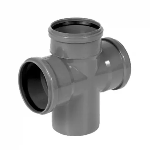 Szürke PVC kereszt lefolyó idom 90°, gumigyűrűs, 110/110/110 mm, termékfotó