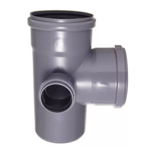 Szürke PVC lefolyó kettős sarokleágazó gumigyűrűs tokos csatlakozásokkal, 110x110x50 mm