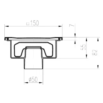   FixTrend padlóösszefolyó, száraz bűzzár, alsó kifolyású, DN50, 150x150mm