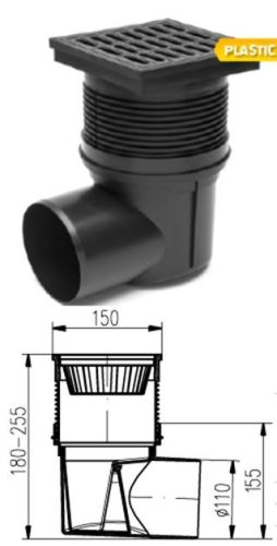 FixTrend oldalsó kifolyású kültéri víznyelő műanyag fedráccsal és lombfogó kosárral, DN110