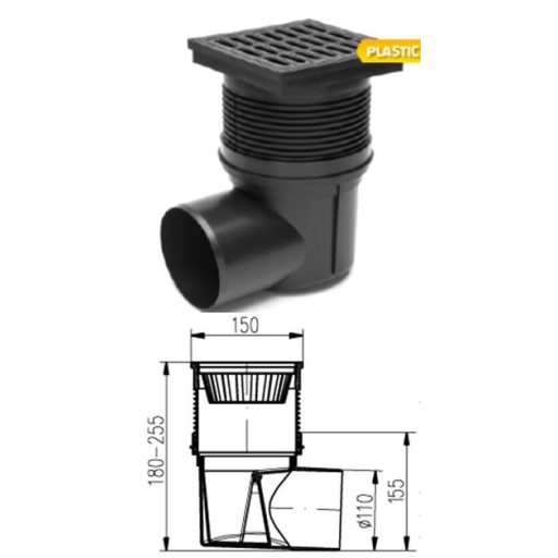 FixTrend oldalsó kifolyású kültéri víznyelő műanyag fedráccsal és lombfogó kosárral, DN110