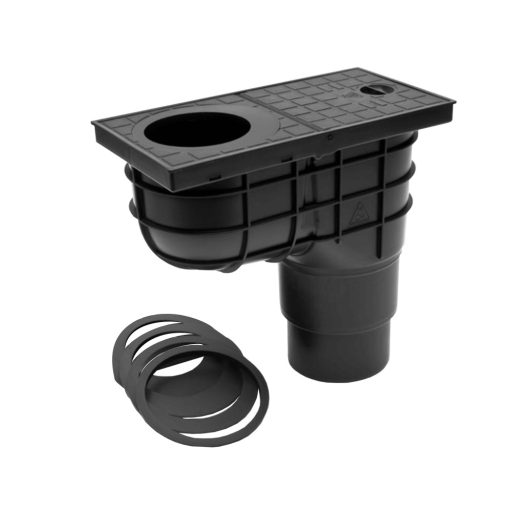FixTrend alsó kifolyású ereszcsatorna bekötő idom rács nélkül lombfogó kosárral fekete színben, DN 100 / 125