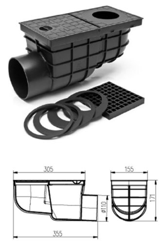 FixTrend oldalsó kifolyású ereszcsatorna bekötő idom rács nélkül lombfogó kosárral fekete színben, DN 110