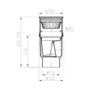FixTrend DN110 alsó kifolyású víznyelő méretrajza, 150x150 fedlap, 250–310 mm magasság