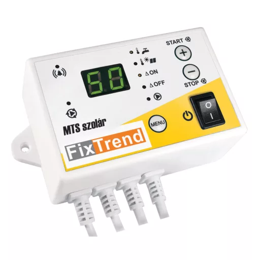 FixTrend MTS8 Solar digitális termosztát zöld kijelzővel, kapcsolóval és négy csatlakozókábellel