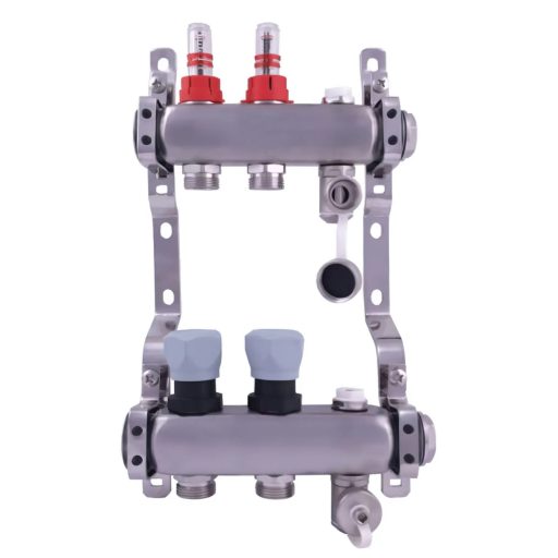 DELTA inox 2 körös szelepes osztó-gyűjtő áramlásmérővel, Eurokónuszos, 1"x3/4"