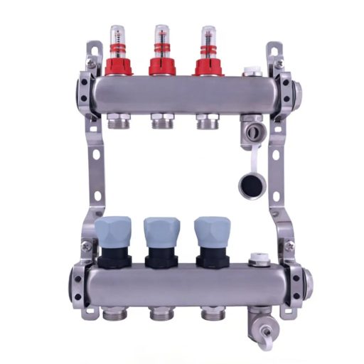 DELTA inox 3 körös szelepes osztó-gyűjtő áramlásmérővel, Eurokónuszos, 1"x3/4"