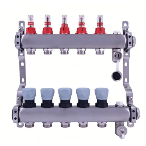 DELTA inox 5 körös szelepes osztó-gyűjtő áramlásmérővel, Eurokónuszos, 1"x3/4"