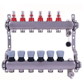   DELTA inox 6 körös szelepes osztó-gyűjtő áramlásmérővel, Eurokónuszos, 1"x3/4"