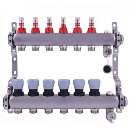 DELTA inox 6 körös szelepes osztó-gyűjtő áramlásmérővel, Eurokónuszos, 1"x3/4"