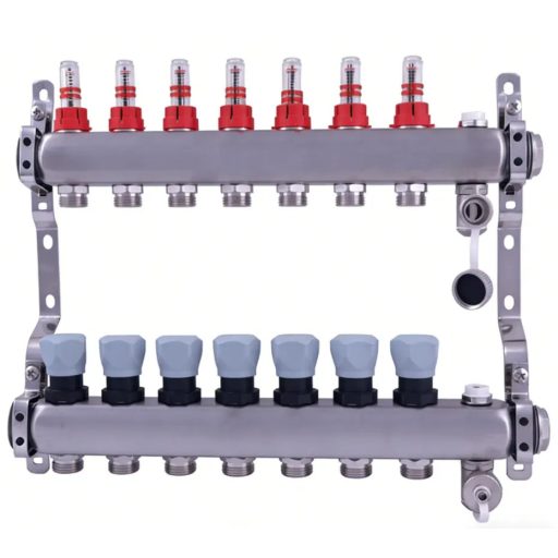 DELTA inox 7 körös szelepes osztó-gyűjtő áramlásmérővel, Eurokónuszos, 1"x3/4"