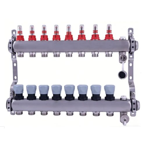 DELTA inox 8 körös szelepes osztó-gyűjtő áramlásmérővel, Eurokónuszos, 1"x3/4"