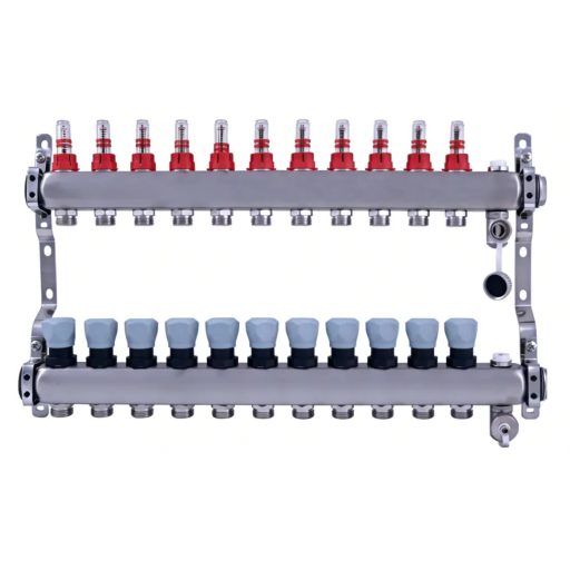 DELTA inox 11 körös szelepes osztó-gyűjtő áramlásmérővel, Eurokónuszos, 1"x3/4"