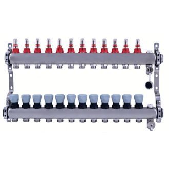   DELTA inox 12 körös szelepes osztó-gyűjtő áramlásmérővel, Eurokónuszos, 1"x3/4"