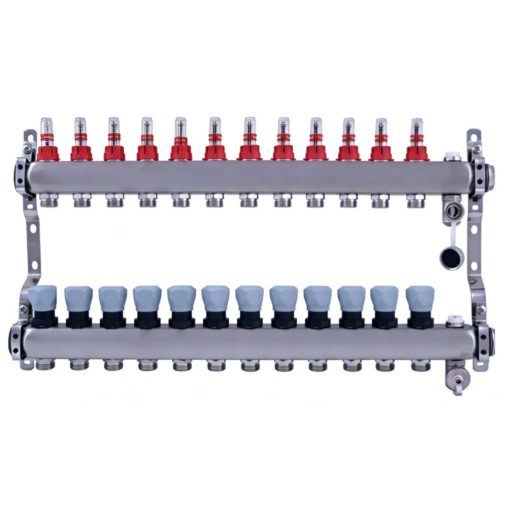 DELTA inox 12 körös szelepes osztó-gyűjtő áramlásmérővel, Eurokónuszos, 1"x3/4"